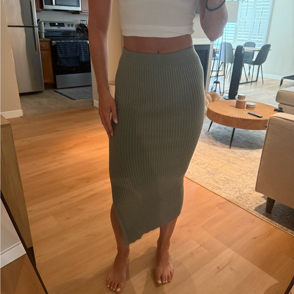 Olive Ribbed Midi Skirt